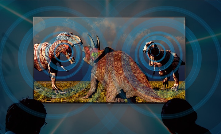 Imagen de dinosaurios que muestra cómo la tecnología Acoustic Surface reproduce sonido en la zona correcta de la escena